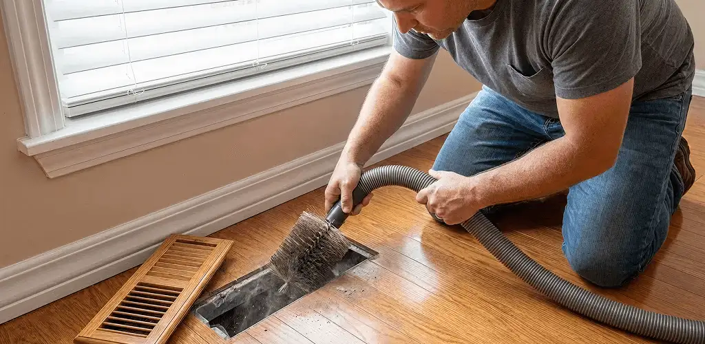Air duct cleaning technician vacuuming a floor vent and duct opening in Milwaukee, WI