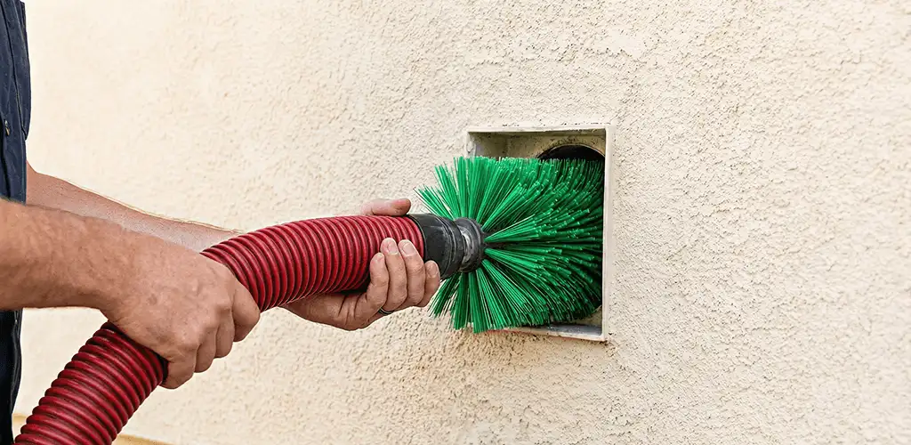 Air duct cleaning brush removing debris from a vent opening in Milwaukee, WI