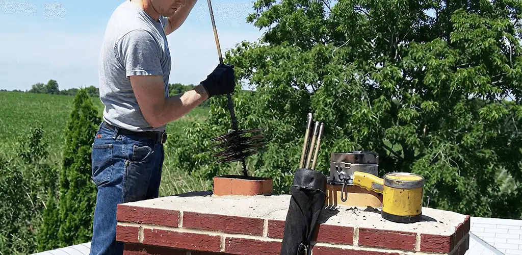 Chimney cleaning technician working on a rooftop chimney with professional tools in Milwaukee, WI