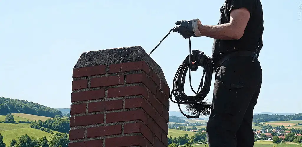 Chimney sweep inspecting and cleaning a rooftop chimney in Milwaukee, WI