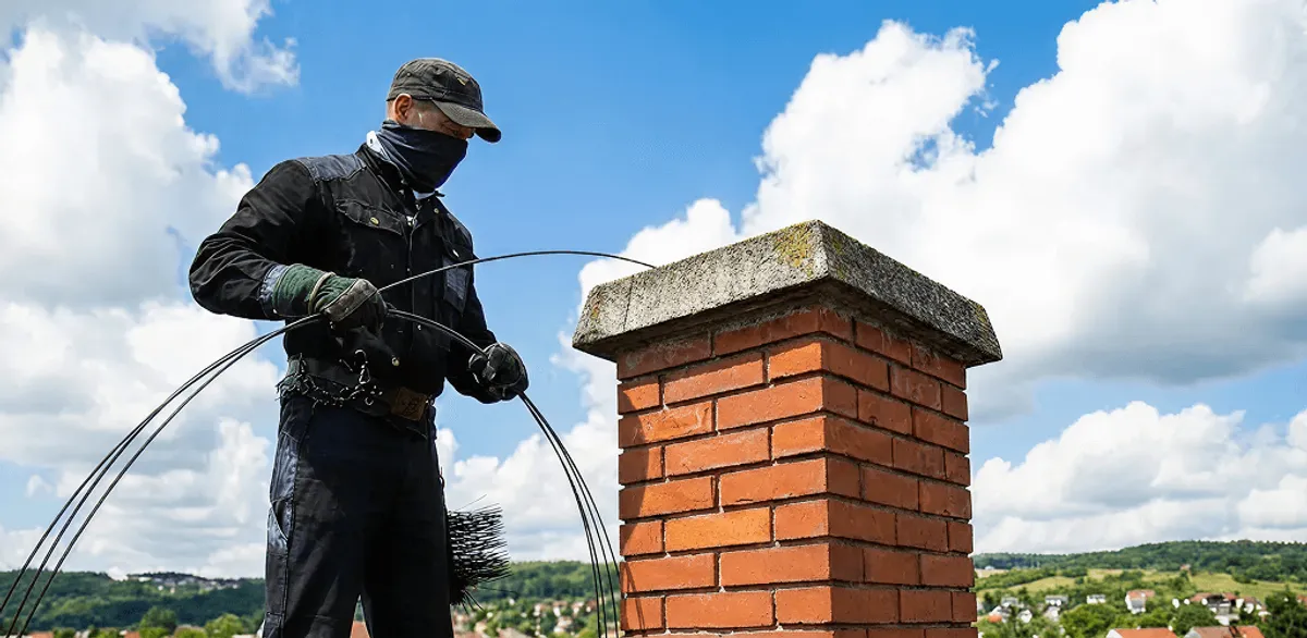 Chimney sweep cleaning a brick chimney with professional tools in Milwaukee, WI