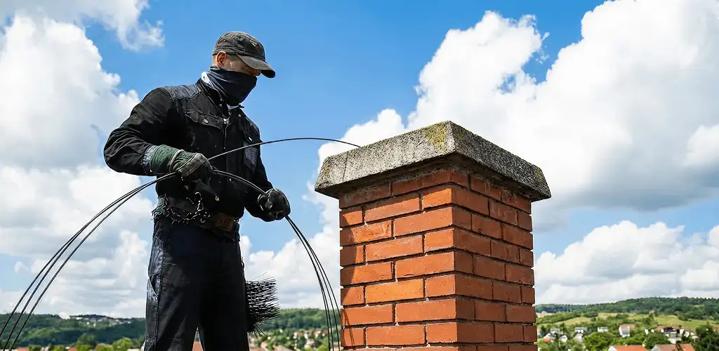 Chimney sweep cleaning a brick chimney with professional tools in Milwaukee, WI