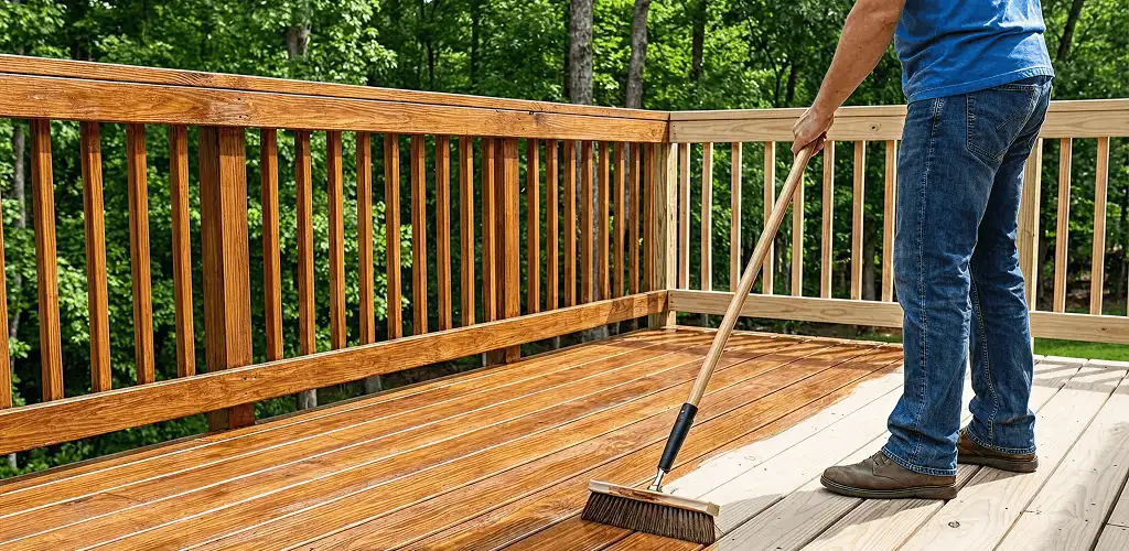 Deck staining and sealing application on a wood deck in Milwaukee, WI