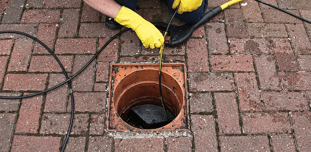 Drain cleaning technician using a drain snake to clear a clogged drain in Milwaukee, WI