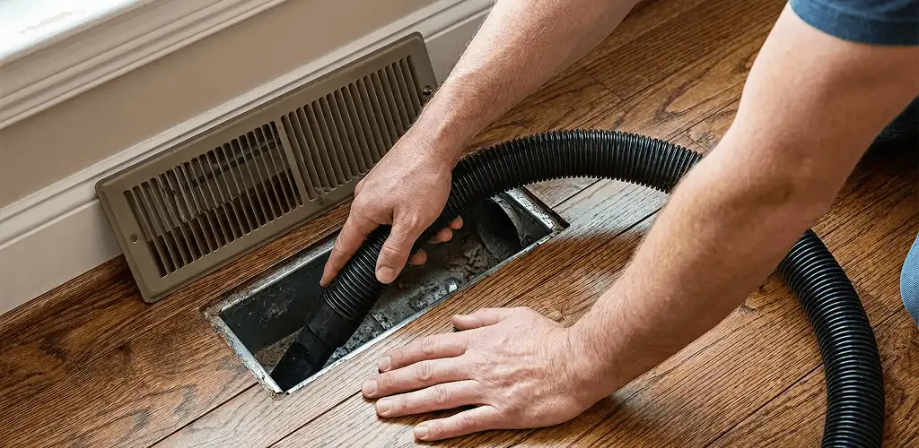 Air duct cleaning technician vacuuming a floor register and duct opening in Milwaukee, WI