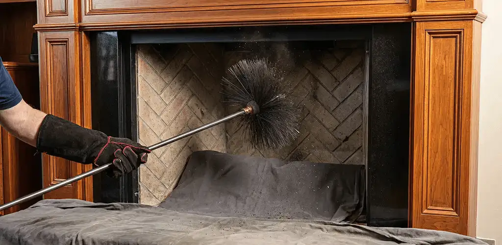 Chimney cleaning service brushing soot from a fireplace and flue in Milwaukee, WI