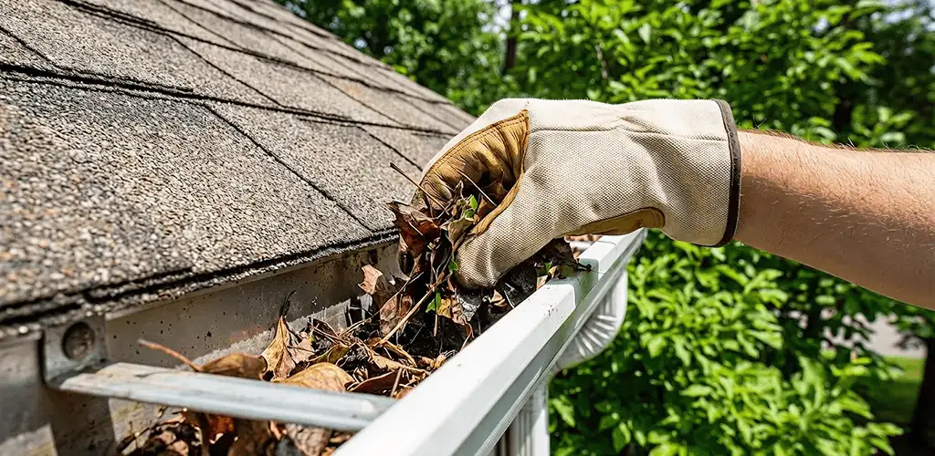 Gutter cleaning removing leaves and debris from roof gutters in Milwaukee, WI