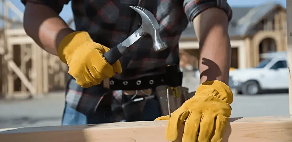 Handyman fixing wood trim with a hammer for home repairs in Milwaukee, WI