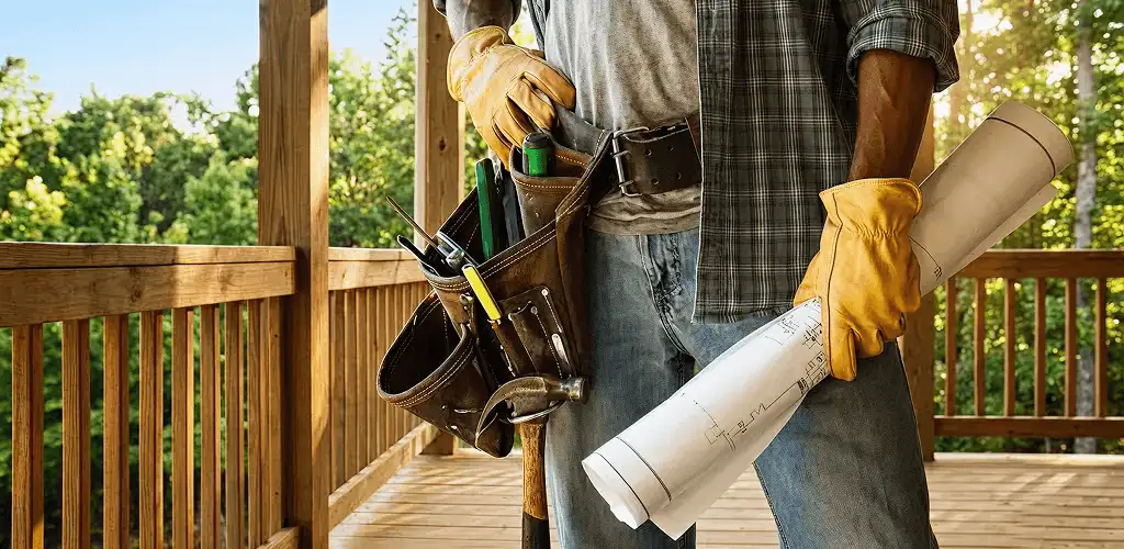 Professional handyman with tool belt ready for home repairs in Milwaukee, WI