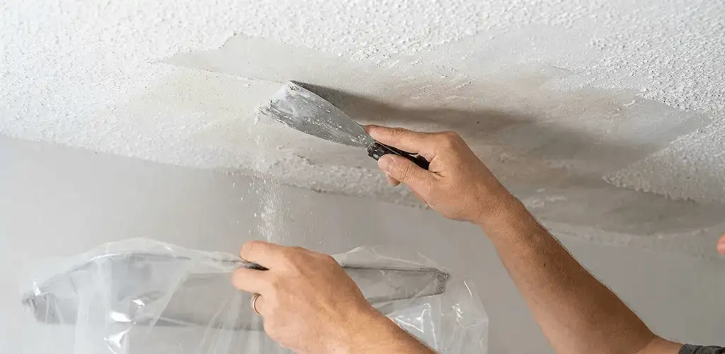 Popcorn ceiling removal technician scraping texture from a ceiling in Milwaukee, WI
