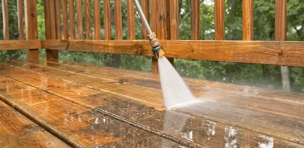 Pressure washing a wood deck to remove dirt and buildup in Milwaukee, WI