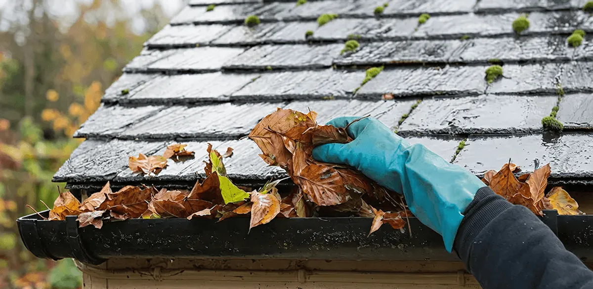 Gutter cleaning technician clearing wet leaves from roof gutters in Milwaukee, WI