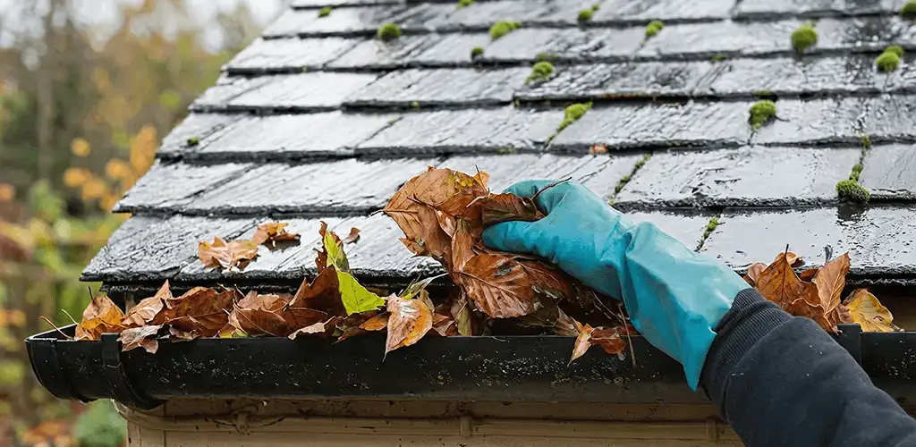 Gutter cleaning technician clearing wet leaves from roof gutters in Milwaukee, WI