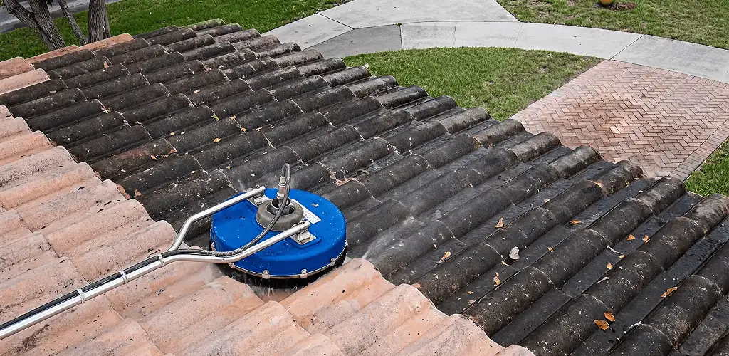 Roof pressure cleaning removing debris and buildup from roof tiles in Milwaukee, WI