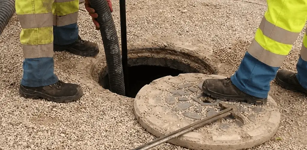 Drain cleaning crew clearing a sewer access point with professional equipment in Milwaukee, WI