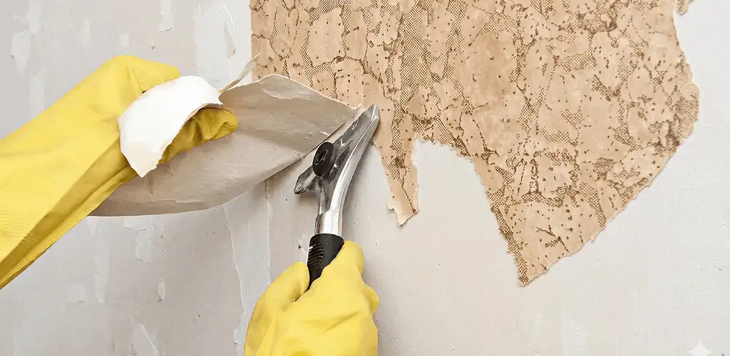 Wallpaper removal service stripping old wallpaper from a wall in Milwaukee, WI